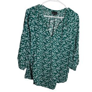 JNY Jones New York Blouse Women's 1X Green V-Neck 3/4 Sleeve Career Top